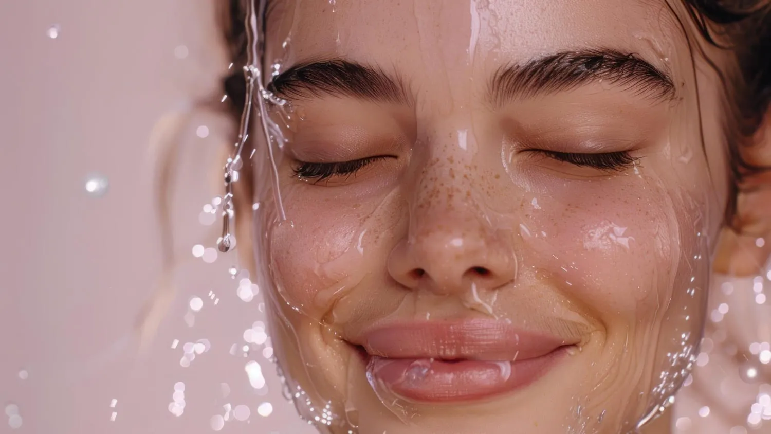 Water running over a smiling face, eyes closed